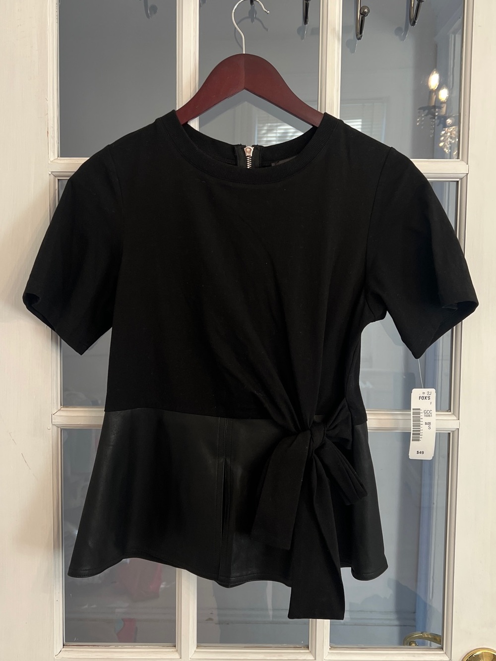GRACIA Women’s Black Faux Leather Peplum Tie Front Short Sleeve Top NWT S